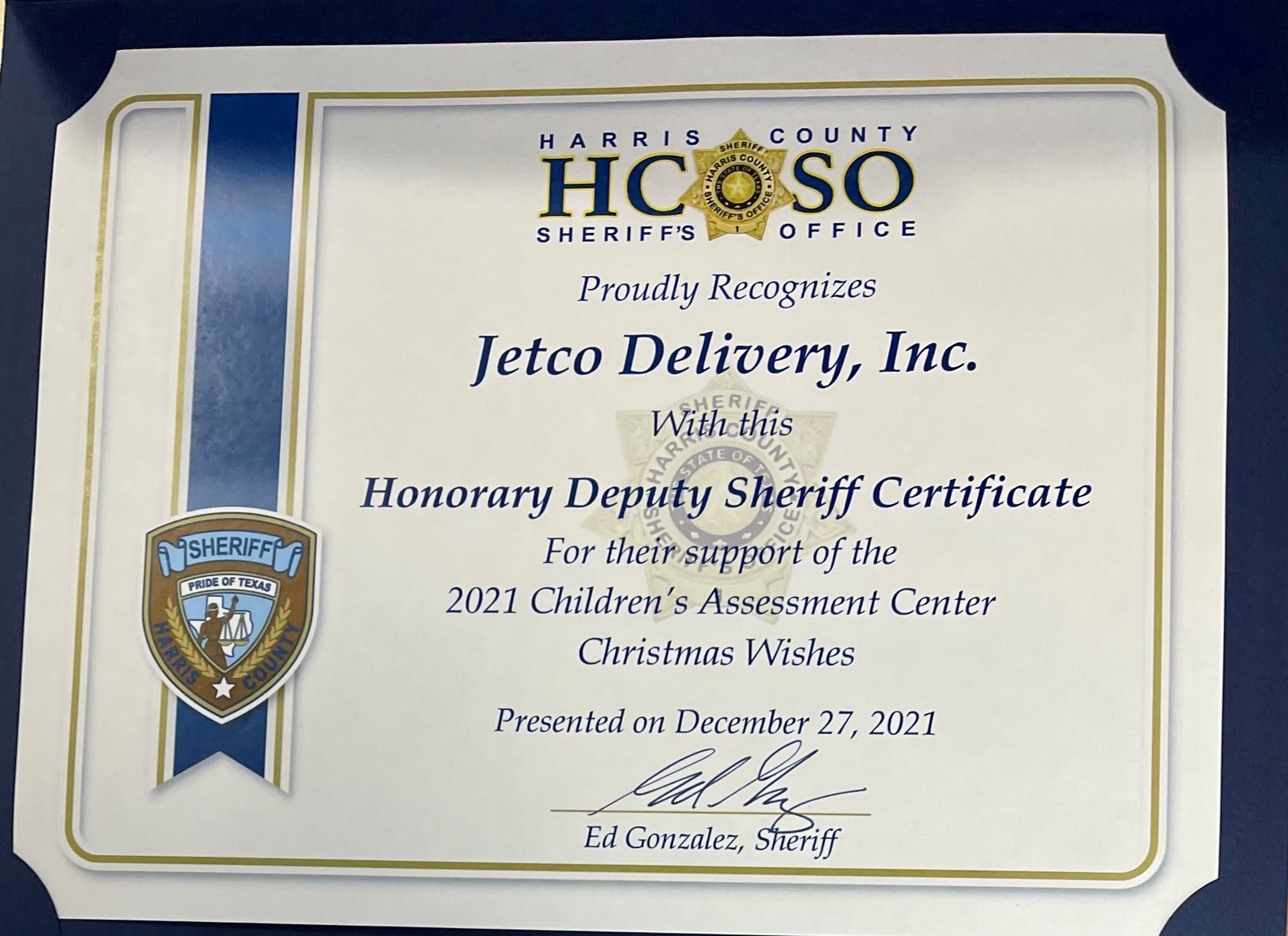 Harris County Sheriff's Office Recognizes Jetco Delivery